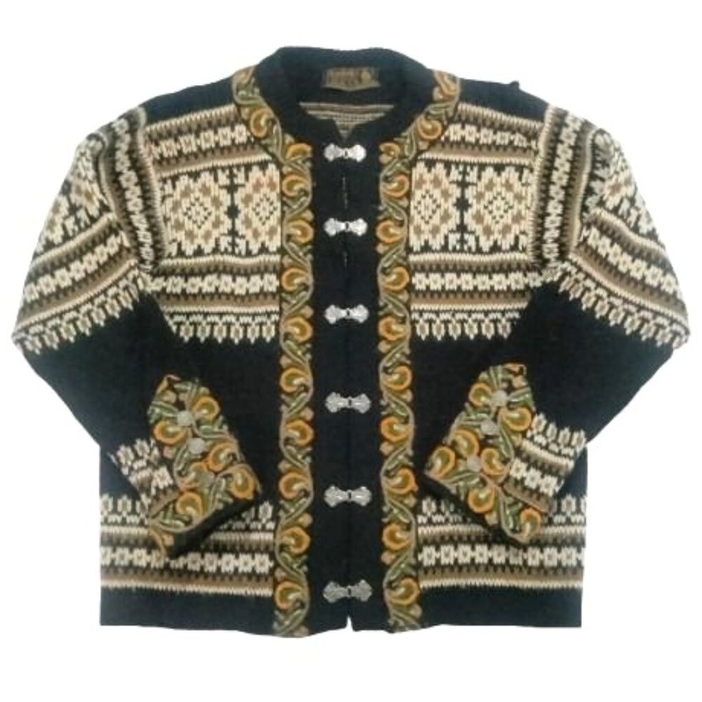 Vintage 80s Nordstrikk Knit Wool Cardigan Sweater Nordic Pewter Clasps Fair Isle